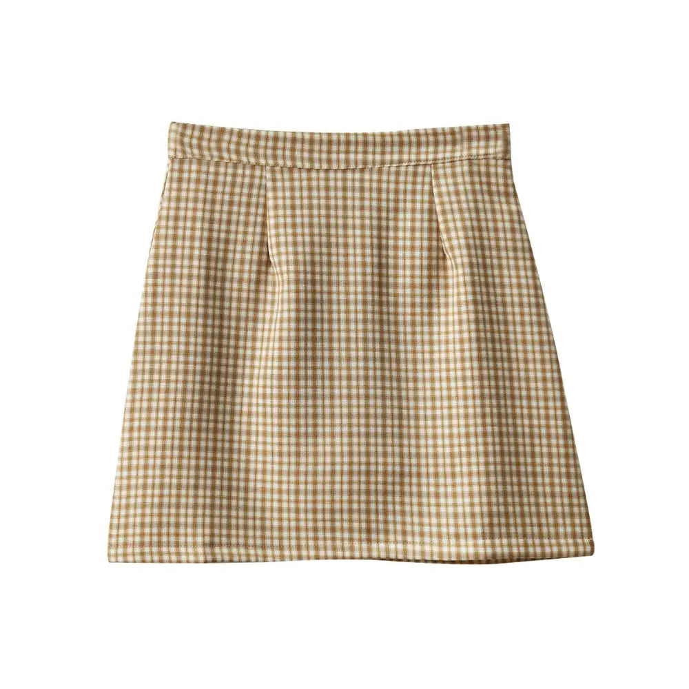 Plaid Korean A-line Short Skirt High Waist with Belt White
