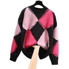 Plaid Loose Vintage Round Neck Knitted Sweater