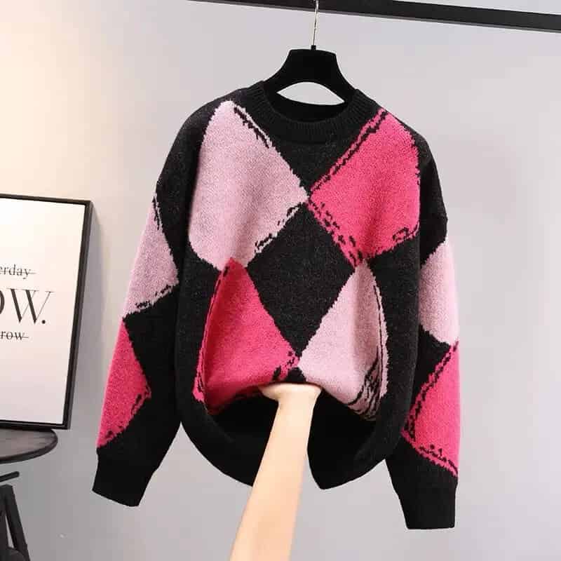 Plaid Loose Vintage Round Neck Knitted Sweater - Purple
