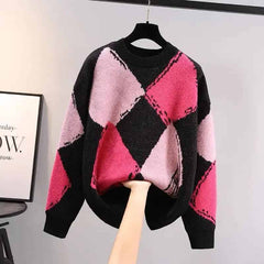 Plaid Loose Vintage Round Neck Knitted Sweater - Purple