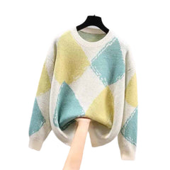Plaid Loose Vintage Round Neck Knitted Sweater - Yellow