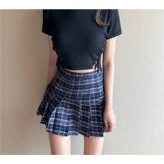 Plaid Mini Skirt Preppy Harajuku Style with Lace Up Waist