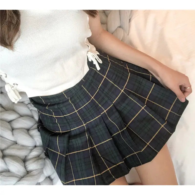 Plaid Mini Skirt Preppy Harajuku Style with Lace Up Waist