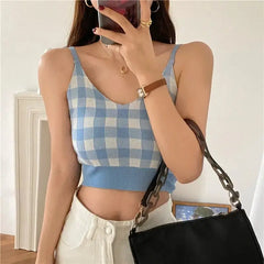 Plaid Pattern Knitted Tank Top