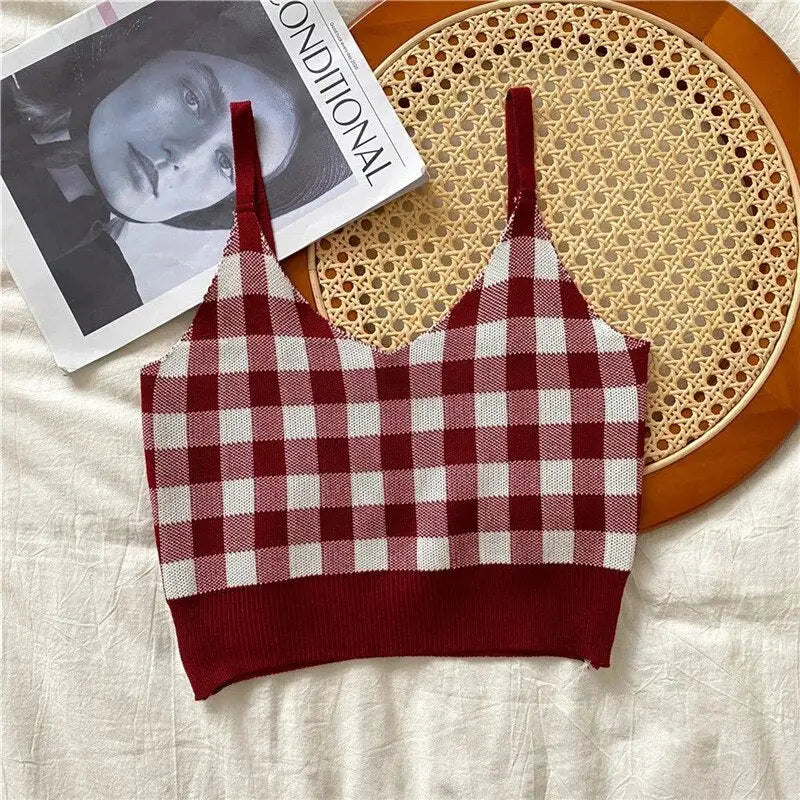 Plaid Pattern Knitted Tank Top for Women