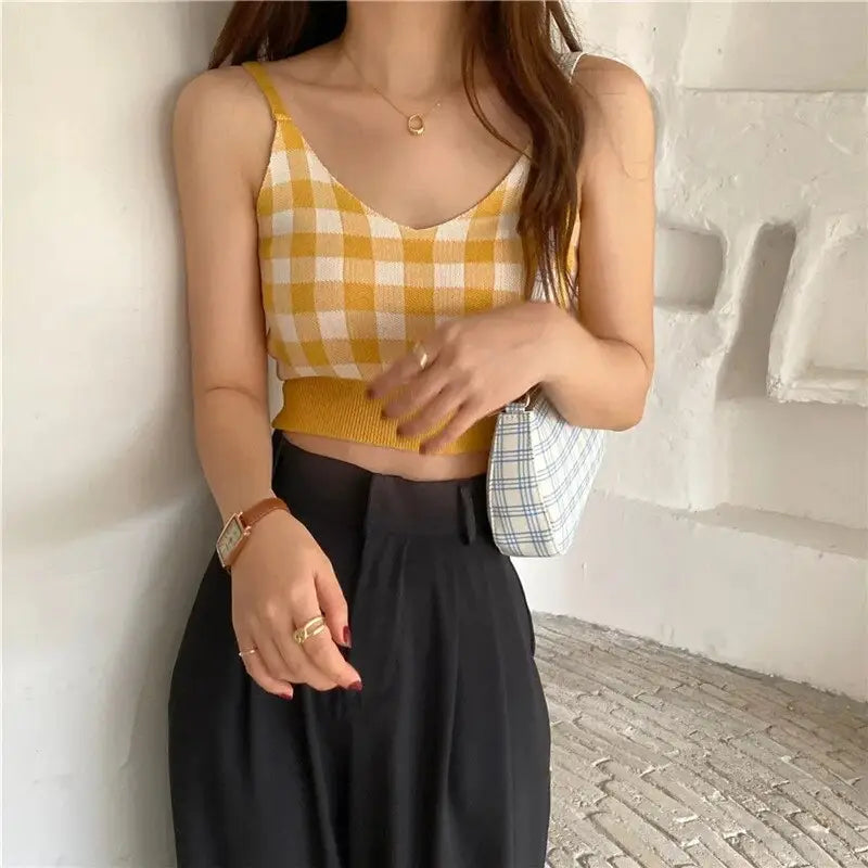 Plaid Pattern Knitted Tank Top for Women