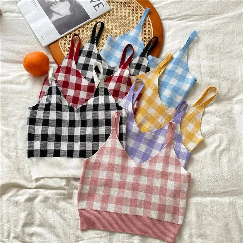 Plaid Pattern Knitted Tank Top for Women
