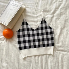 Plaid Pattern Knitted Tank Top for Women
