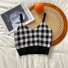 Plaid Pattern Knitted Tank Top for Women Black / One Size