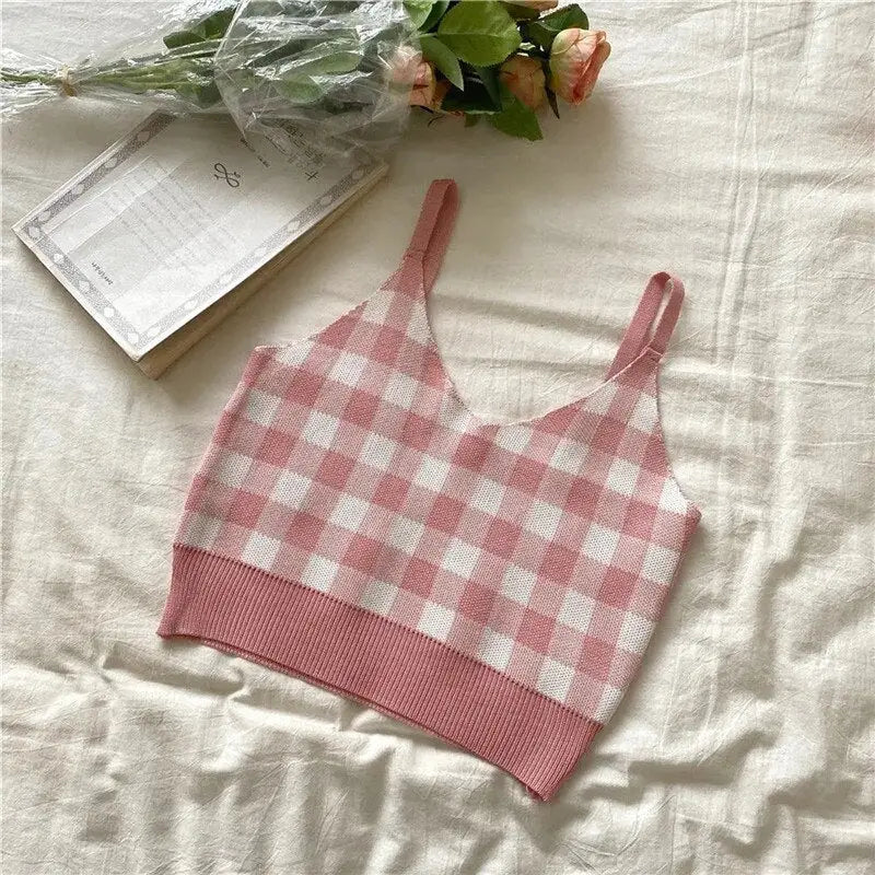 Plaid Pattern Knitted Tank Top for Women Pink / One Size