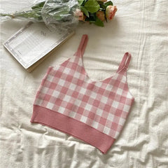 Plaid Pattern Knitted Tank Top for Women Pink / One Size