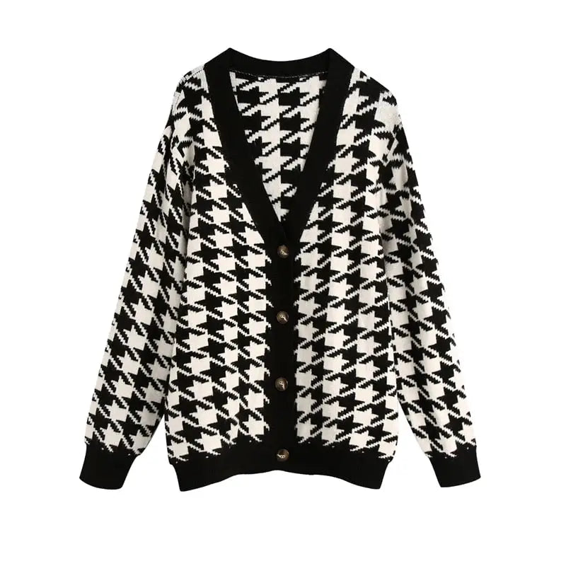 Plaid pattern V-Neck Knitted Oversize Cardigan - S / BLACK