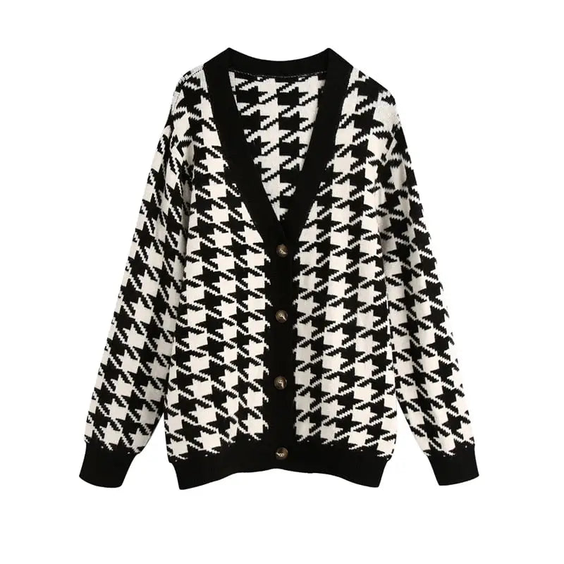 Plaid pattern V-Neck Knitted Oversize Cardigan