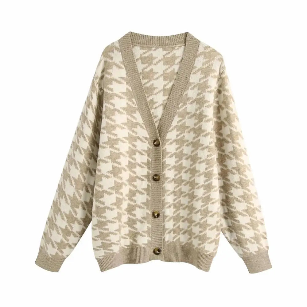 Plaid pattern V-Neck Knitted Oversize Cardigan - S / Khaki