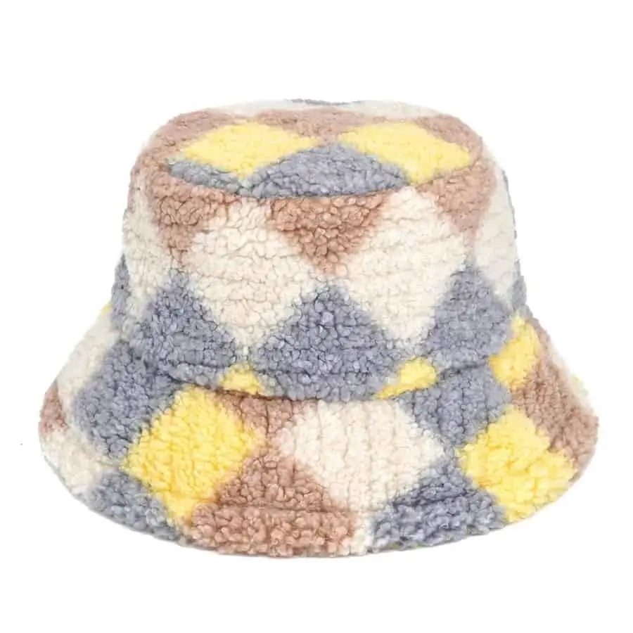 Plaid Pattern Wool Bucket Hat for Everyday Wear Beige Grey