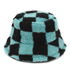 Plaid Pattern Wool Bucket Hat for Everyday Wear Blue Black
