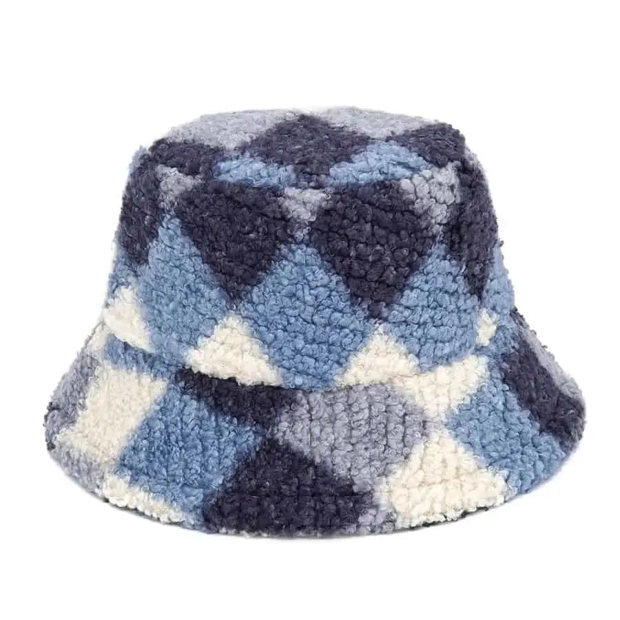 Plaid Pattern Wool Bucket Hat for Everyday Wear Blue Grey