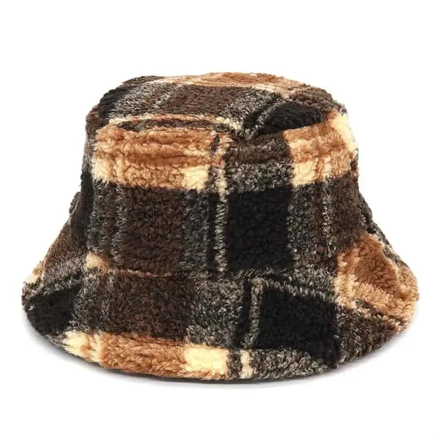 Plaid Pattern Wool Bucket Hat for Everyday Wear Brown Black