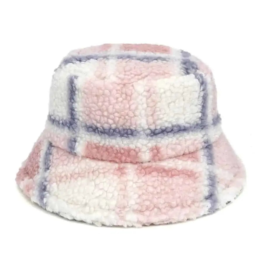 Plaid Pattern Wool Bucket Hat for Everyday Wear Light Pink
