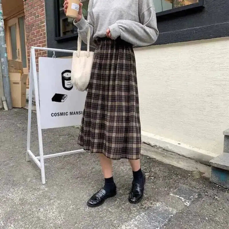 Plaid Retro Mid Loose Elastic Waist Skirt Black Grey / S