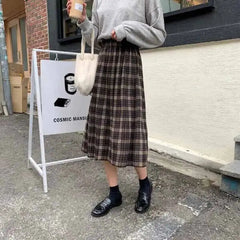 Plaid Retro Mid Loose Elastic Waist Skirt Black Grey / S