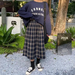 Plaid Retro Mid Loose Elastic Waist Skirt Blue / S