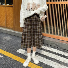 Plaid Retro Mid Loose Elastic Waist Skirt Khaki / S