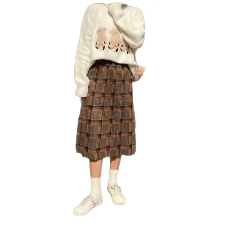 Plaid Retro Mid Loose Elastic Waist Skirt Orange / S