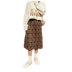 Plaid Retro Mid Loose Elastic Waist Skirt Orange / S