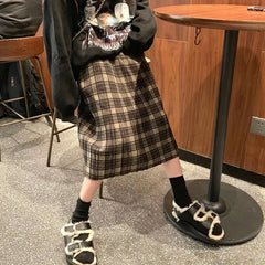 Plaid Retro Mid Loose Elastic Waist Skirt