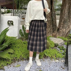 Plaid Retro Mid Loose Elastic Waist Skirts