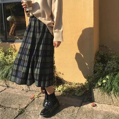 Plaid Retro Mid Loose Elastic Waist Skirts