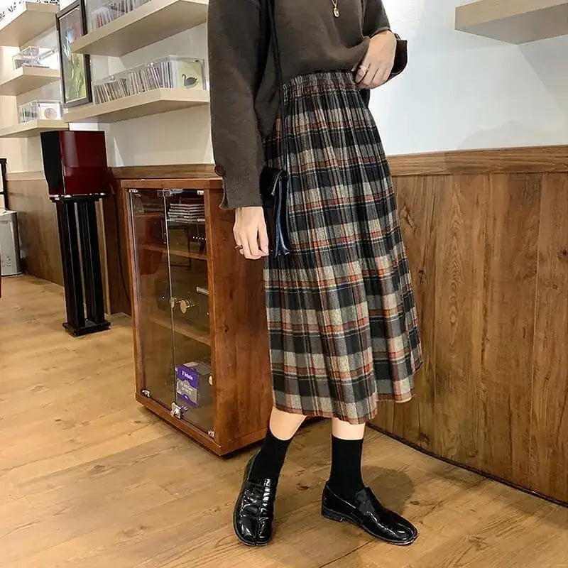 Plaid Retro Mid Loose Elastic Waist Skirts