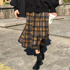 Plaid Retro Mid Loose Elastic Waist Skirts