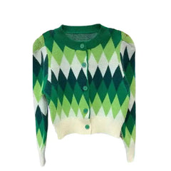 Plaid Round Neck Knitted Cardigan Green / M