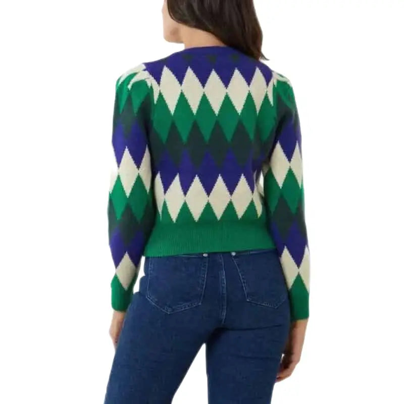 Plaid Round Neck Knitted Cardigan