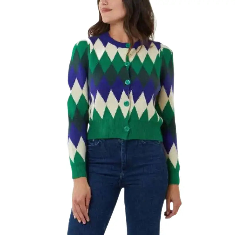 Plaid Round Neck Knitted Cardigan Violet / M