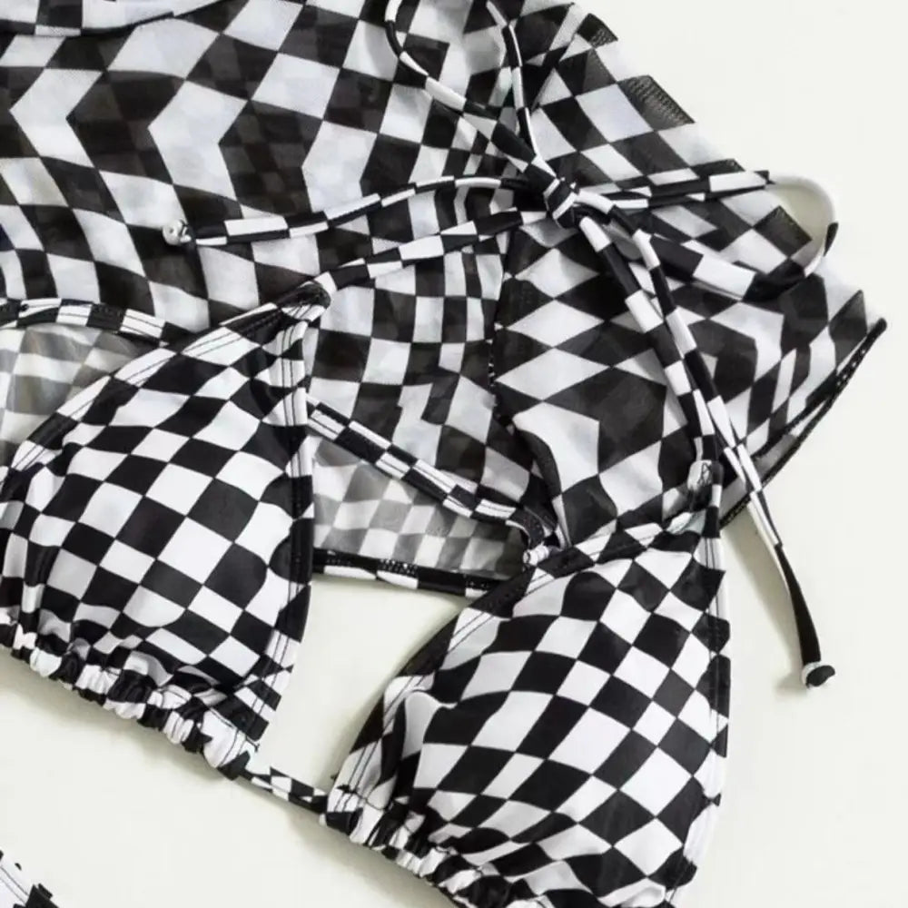 Plaid Set Hollow Out Chest Bikini 3 Piece Polyester