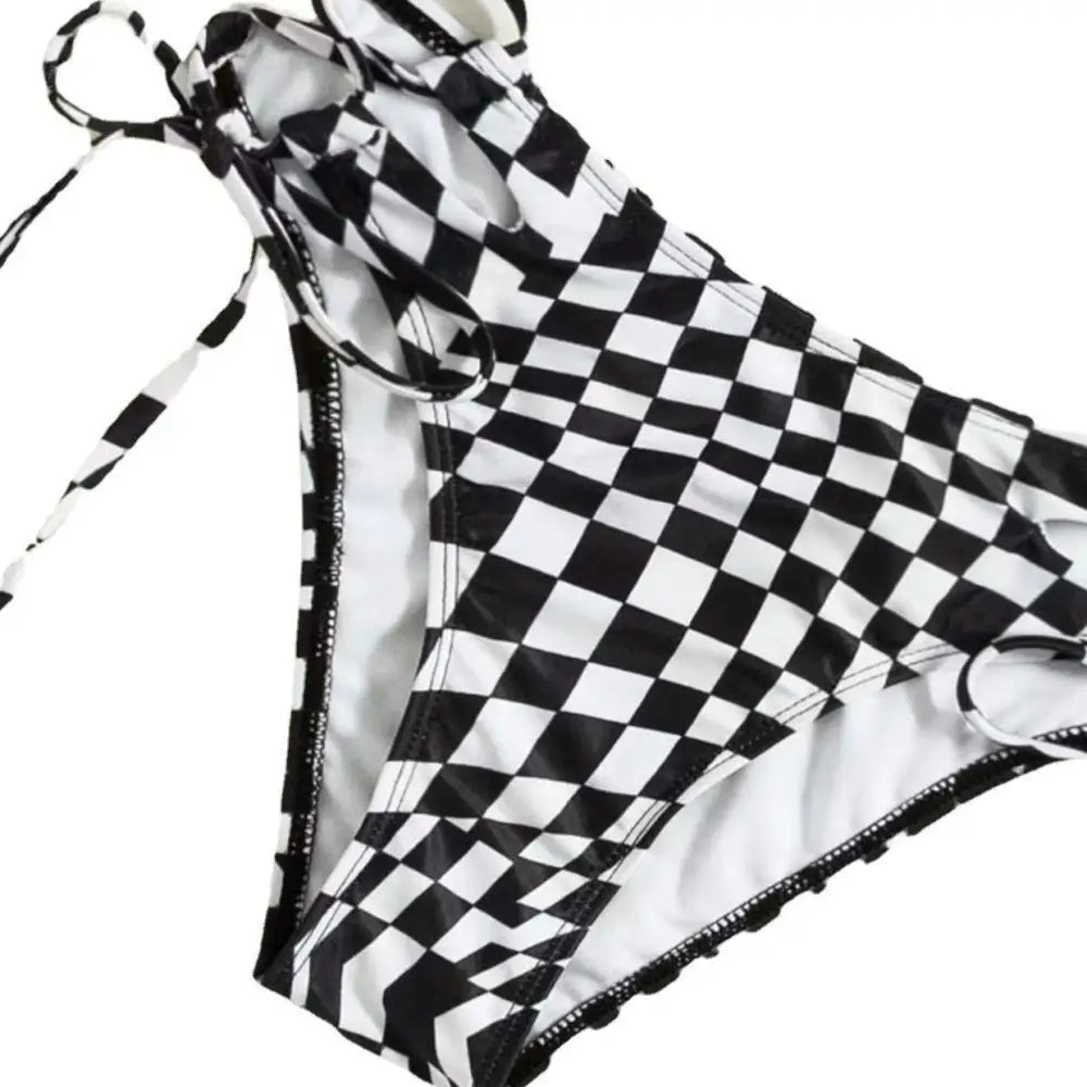 Plaid Set Hollow Out Chest Bikini 3 Piece Polyester