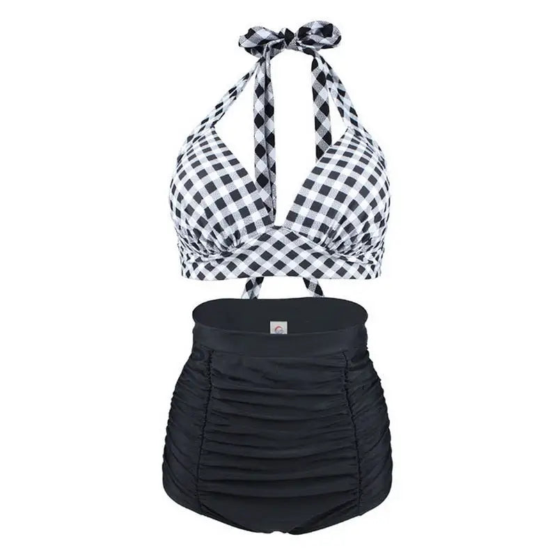 Plaid Vintage Bikini Set - Gray Black / S - Swimwear
