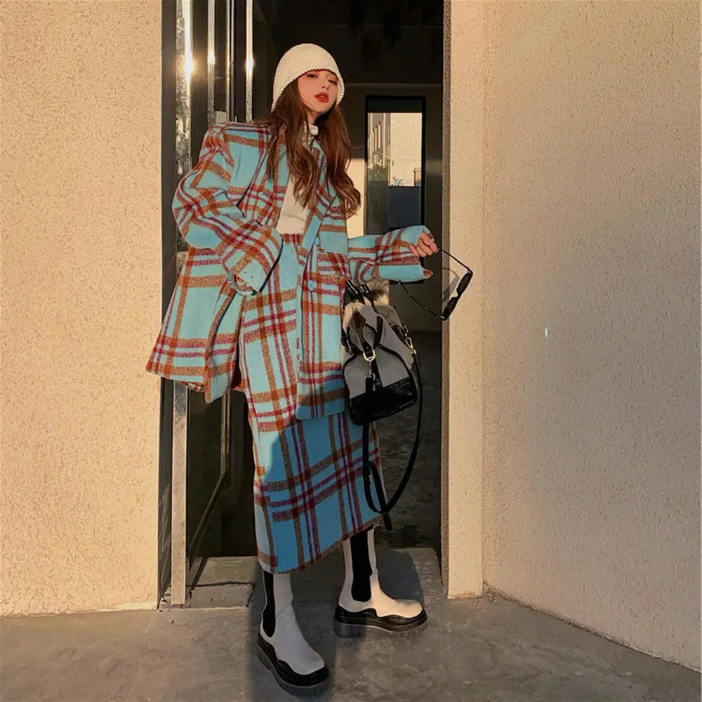 Plaid Vintage Long Sleeve 2 Piece Set for Women