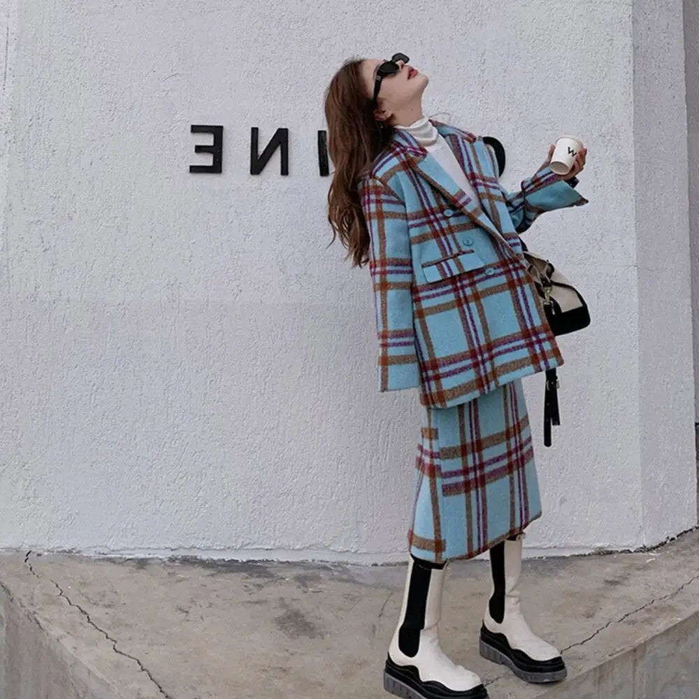 Plaid Vintage Long Sleeve 2 Piece Set for Women Blue set / S