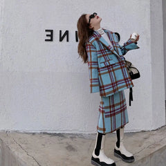 Plaid Vintage Long Sleeve 2 Piece Set for Women Blue set / S