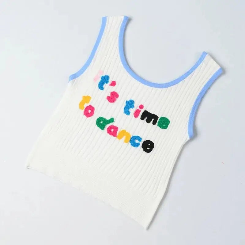 Plain Embroidered Cute Round Neck Candy Crop Top - Blue