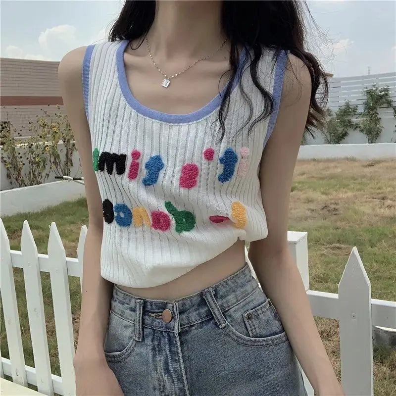 Plain Embroidered Cute Round Neck Candy Crop Top - crop top