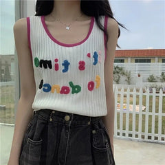Plain Embroidered Cute Round Neck Candy Crop Top - crop top