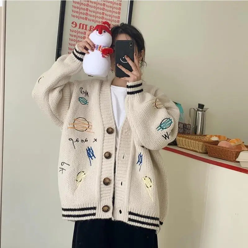 Planetary Letter Embroidery Knitted Sweater