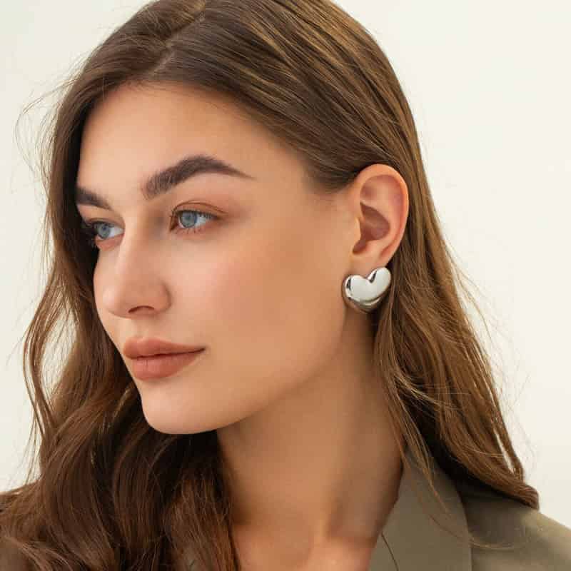 Plated Stainless Steel Chunky Heart Stud Earrings