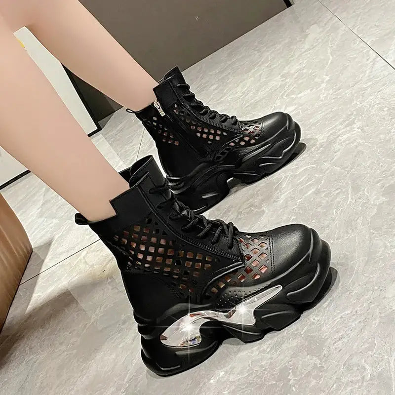 Platform Chunky Open Breathable Lace Up Back Zipper Boots