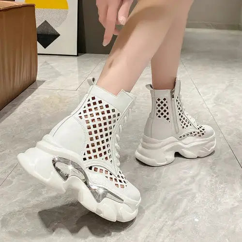 Platform Chunky Open Breathable Lace Up Back Zipper Boots